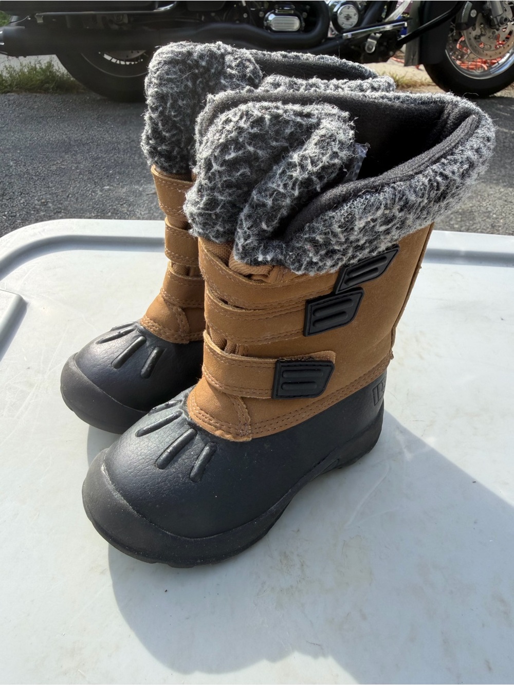 Kids Brown and Black Insulated Winter Boots with Gray Fleece Lining